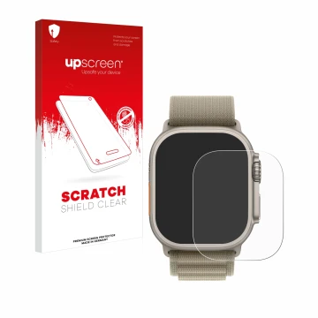 Face avant d’un emballage produit avec le logo de la marque upscreen. À côté, l’appareil Apple Watch Ultra 2 (49 mm) est repré