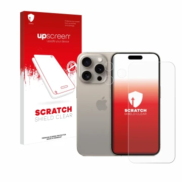 Face avant d’un emballage produit avec le logo de la marque upscreen. À côté, l’appareil Apple iPhone 15 Pro (Avant+Caméra) es