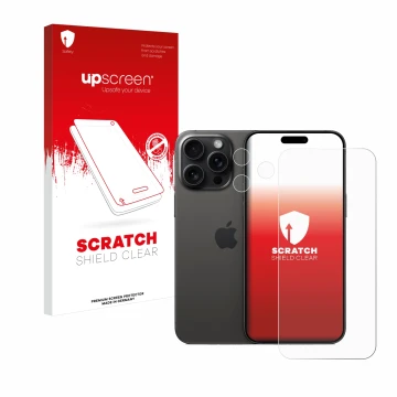 Face avant d’un emballage produit avec le logo de la marque upscreen. À côté, l’appareil Apple iPhone 15 Pro Max (Avant+Caméra