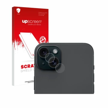 Face avant d’un emballage produit avec le logo de la marque upscreen. À côté, l’appareil Apple iPhone 15 Plus (Caméra UNIQUEME