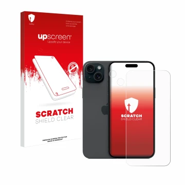 Face avant d’un emballage produit avec le logo de la marque upscreen. À côté, l’appareil Apple iPhone 15 Plus (Avant+Caméra) e