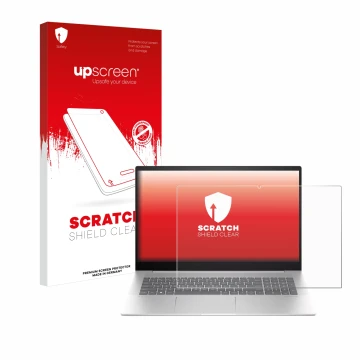 Face avant d’un emballage produit avec le logo de la marque upscreen. À côté, l’appareil HP Envy 17-cw0000 est représenté avec