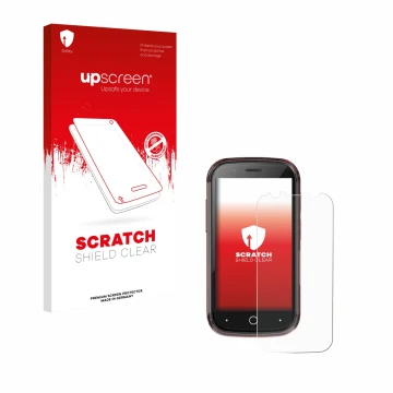 Face avant d’un emballage produit avec le logo de la marque upscreen. À côté, l’appareil Unihertz Jelly Star est représenté av