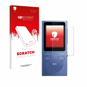 Face avant d’un emballage produit avec le logo de la marque upscreen. À côté, l’appareil Sony Walkman NW-E394 est représenté a
