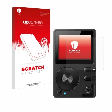 Face avant d’un emballage produit avec le logo de la marque upscreen. À côté, l’appareil Hifi Walker H2 est représenté avec la