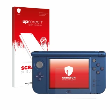 Face avant d’un emballage produit avec le logo de la marque upscreen. À côté, l’appareil Nintendo New 3DS XL (Affichage inféri