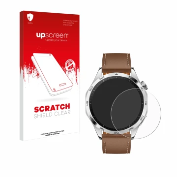Face avant d’un emballage produit avec le logo de la marque upscreen. À côté, l’appareil Huawei Watch GT 4 (46mm) est représen