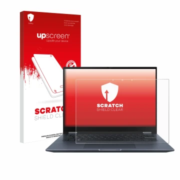 Face avant d’un emballage produit avec le logo de la marque upscreen. À côté, l’appareil ASUS Vivobook S 14 Flip TP3402 est re