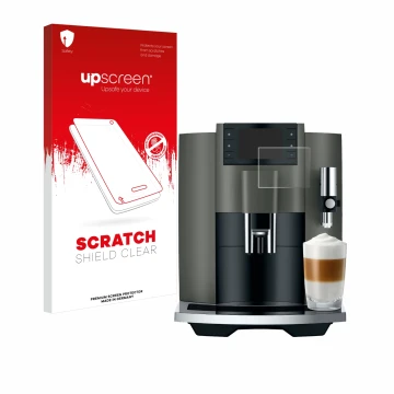 Face avant d’un emballage produit avec le logo de la marque upscreen. À côté, l’appareil Jura E8 (EC) est représenté avec la p