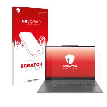 Face avant d’un emballage produit avec le logo de la marque upscreen. À côté, l’appareil Lenovo Yoga Pro 7 Gen 8 14