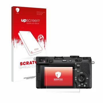 Face avant d’un emballage produit avec le logo de la marque upscreen. À côté, l’appareil Sony Alpha 7CR est représenté avec la
