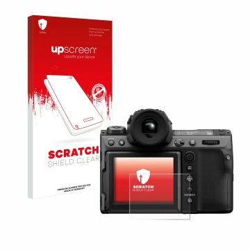 Face avant d’un emballage produit avec le logo de la marque upscreen. À côté, l’appareil Fujifilm GFX100 II est représenté ave