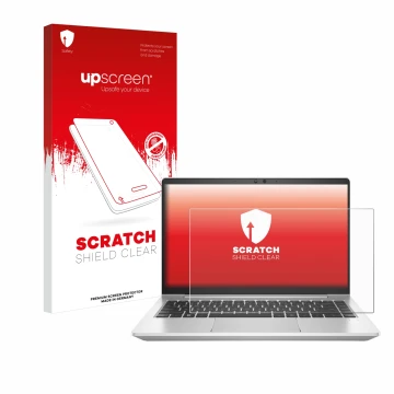 Face avant d’un emballage produit avec le logo de la marque upscreen. À côté, l’appareil HP EliteBook 645 G10 est représenté a