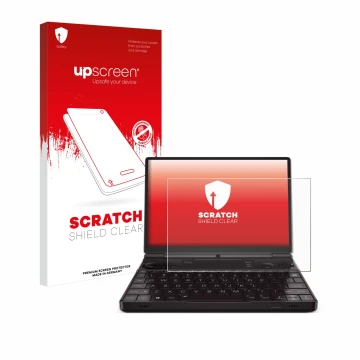 Face avant d’un emballage produit avec le logo de la marque upscreen. À côté, l’appareil GPD Win Max 2 2023 est représenté ave