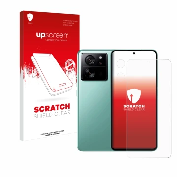 Face avant d’un emballage produit avec le logo de la marque upscreen. À côté, l’appareil Xiaomi 13T (Avant+Caméra) est représe