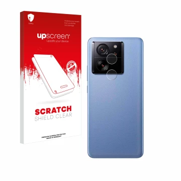 Face avant d’un emballage produit avec le logo de la marque upscreen. À côté, l’appareil Xiaomi 13T (Caméra UNIQUEMENT) est re