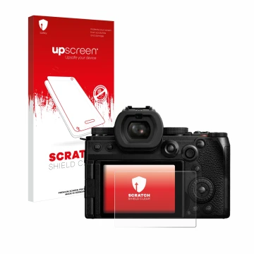 Face avant d’un emballage produit avec le logo de la marque upscreen. À côté, l’appareil Panasonic Lumix DC-S5M2X est représen