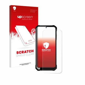 Face avant d’un emballage produit avec le logo de la marque upscreen. À côté, l’appareil Oukitel WP23 est représenté avec la p