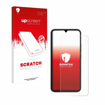 Face avant d’un emballage produit avec le logo de la marque upscreen. À côté, l’appareil Samsung Galaxy A34 5G Enterprise Edit