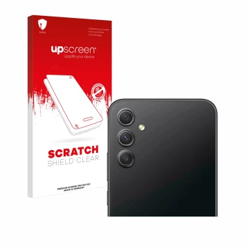 Face avant d’un emballage produit avec le logo de la marque upscreen. À côté, l’appareil Samsung Galaxy A34 5G Enterprise Edit