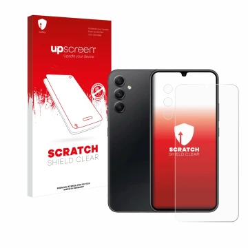 Face avant d’un emballage produit avec le logo de la marque upscreen. À côté, l’appareil Samsung Galaxy A34 5G Enterprise Edit