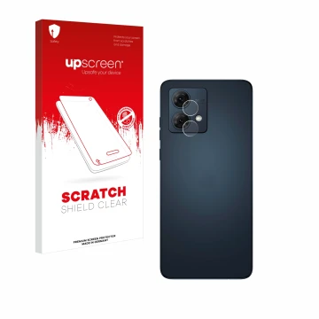 Face avant d’un emballage produit avec le logo de la marque upscreen. À côté, l’appareil Motorola Moto G84 (Caméra UNIQUEMENT)