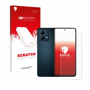 Face avant d’un emballage produit avec le logo de la marque upscreen. À côté, l’appareil Motorola Moto G84 (Avant+Caméra) est 