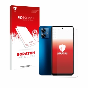 Face avant d’un emballage produit avec le logo de la marque upscreen. À côté, l’appareil Motorola Moto G14 (Avant+Caméra) est 