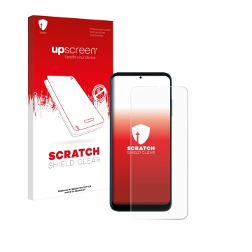 Face avant d’un emballage produit avec le logo de la marque upscreen. À côté, l’appareil Telekom T Phone Pro est représenté av