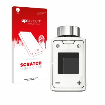 Face avant d’un emballage produit avec le logo de la marque upscreen. À côté, l’appareil AVM FRITZ!DECT 302 est représenté ave