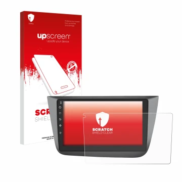 Face avant d’un emballage produit avec le logo de la marque upscreen. À côté, l’appareil Topway Android CarPlay (9
