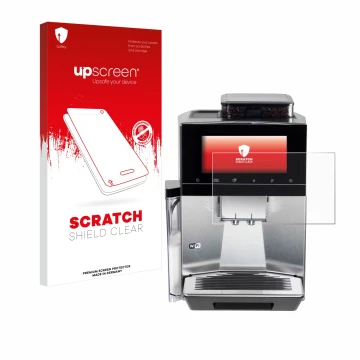 Face avant d’un emballage produit avec le logo de la marque upscreen. À côté, l’appareil Siemens EQ900 TQ903D03 est représenté