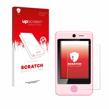 Face avant d’un emballage produit avec le logo de la marque upscreen. À côté, l’appareil Pthtechus Children’s Smartphone est r