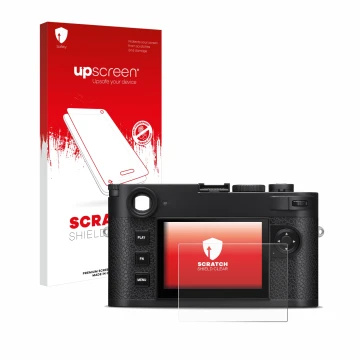 Face avant d’un emballage produit avec le logo de la marque upscreen. À côté, l’appareil Leica M11-P est représenté avec la pr