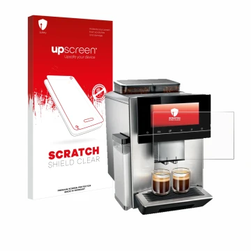 Face avant d’un emballage produit avec le logo de la marque upscreen. À côté, l’appareil Siemens EQ900 TQ907D03 est représenté