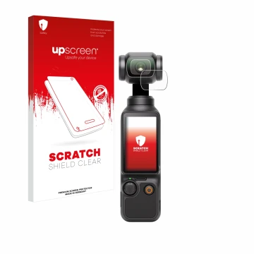 Face avant d’un emballage produit avec le logo de la marque upscreen. À côté, l’appareil DJI Osmo Pocket 3 (Lentille) est repr
