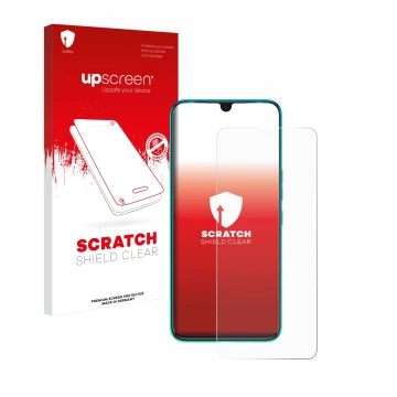 Face avant d’un emballage produit avec le logo de la marque upscreen. À côté, l’appareil Tecno Spark 7 est représenté avec la 