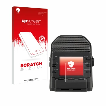 Face avant d’un emballage produit avec le logo de la marque upscreen. À côté, l’appareil Zoom Q2n-4K est représenté avec la pr