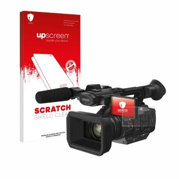 Face avant d’un emballage produit avec le logo de la marque upscreen. À côté, l’appareil Panasonic HC-X2 est représenté avec l