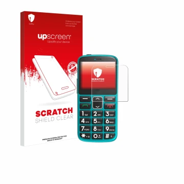 Face avant d’un emballage produit avec le logo de la marque upscreen. À côté, l’appareil Uleway Seniorenhandy est représenté a