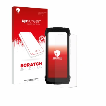 Face avant d’un emballage produit avec le logo de la marque upscreen. À côté, l’appareil Doogee S Mini est représenté avec la 