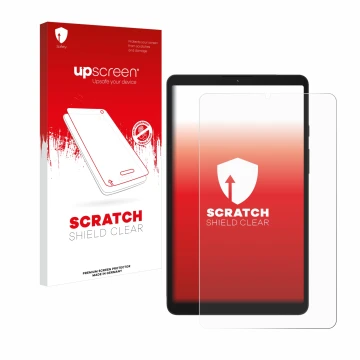 Face avant d’un emballage produit avec le logo de la marque upscreen. À côté, l’appareil Samsung Galaxy Tab A9 WiFi est représ