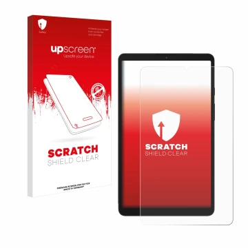 Face avant d’un emballage produit avec le logo de la marque upscreen. À côté, l’appareil Samsung Galaxy Tab A9 LTE est représe