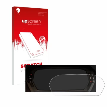 Face avant d’un emballage produit avec le logo de la marque upscreen. À côté, l’appareil Audi A3 2023 Virtual cockpit est repr