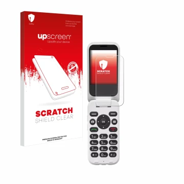 Face avant d’un emballage produit avec le logo de la marque upscreen. À côté, l’appareil Doro 6820 est représenté avec la prot