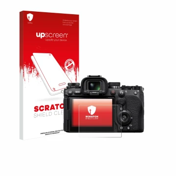 Face avant d’un emballage produit avec le logo de la marque upscreen. À côté, l’appareil Sony Alpha 9 III est représenté avec 
