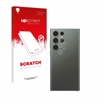 Face avant d’un emballage produit avec le logo de la marque upscreen. À côté, l’appareil Samsung Galaxy S23 Ultra Enterprise E