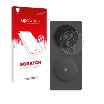 Face avant d’un emballage produit avec le logo de la marque upscreen. À côté, l’appareil Aqara SVD-KIT1 (Sonnette de porte vid