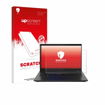 Face avant d’un emballage produit avec le logo de la marque upscreen. À côté, l’appareil Lenovo ThinkPad L14 Gen 3 est représe