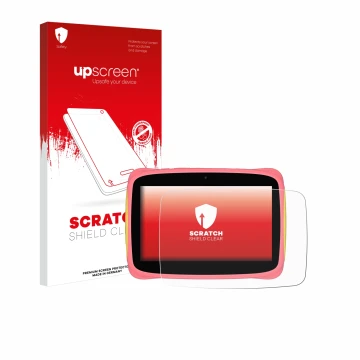 Face avant d’un emballage produit avec le logo de la marque upscreen. À côté, l’appareil Blackview Tab 3 Kids est représenté a